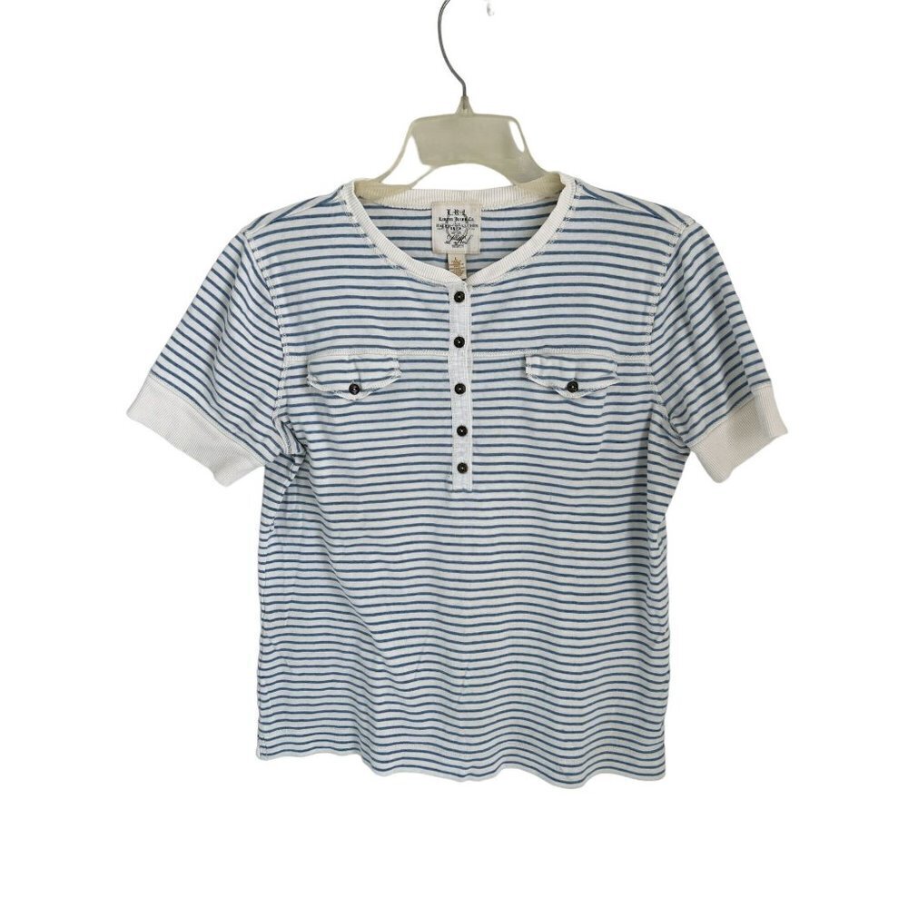 Lauren Jeans Cotton Henley T-Shirt Blue White Stripes Pockets Short Sleeve - Picture 1 of 6
